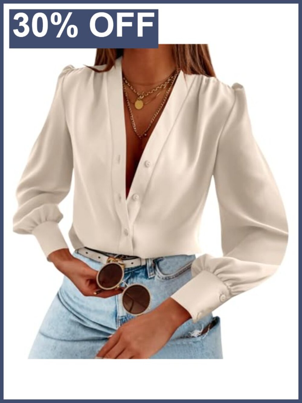Women's Long Sleeve Button Down V Neck Blouse Business Casual Top
